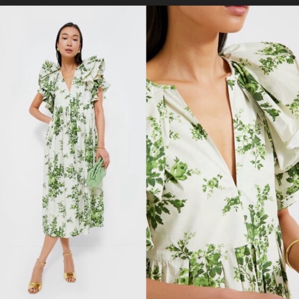 Tuckernuck White and Green Ruffled Floral Midi Dress